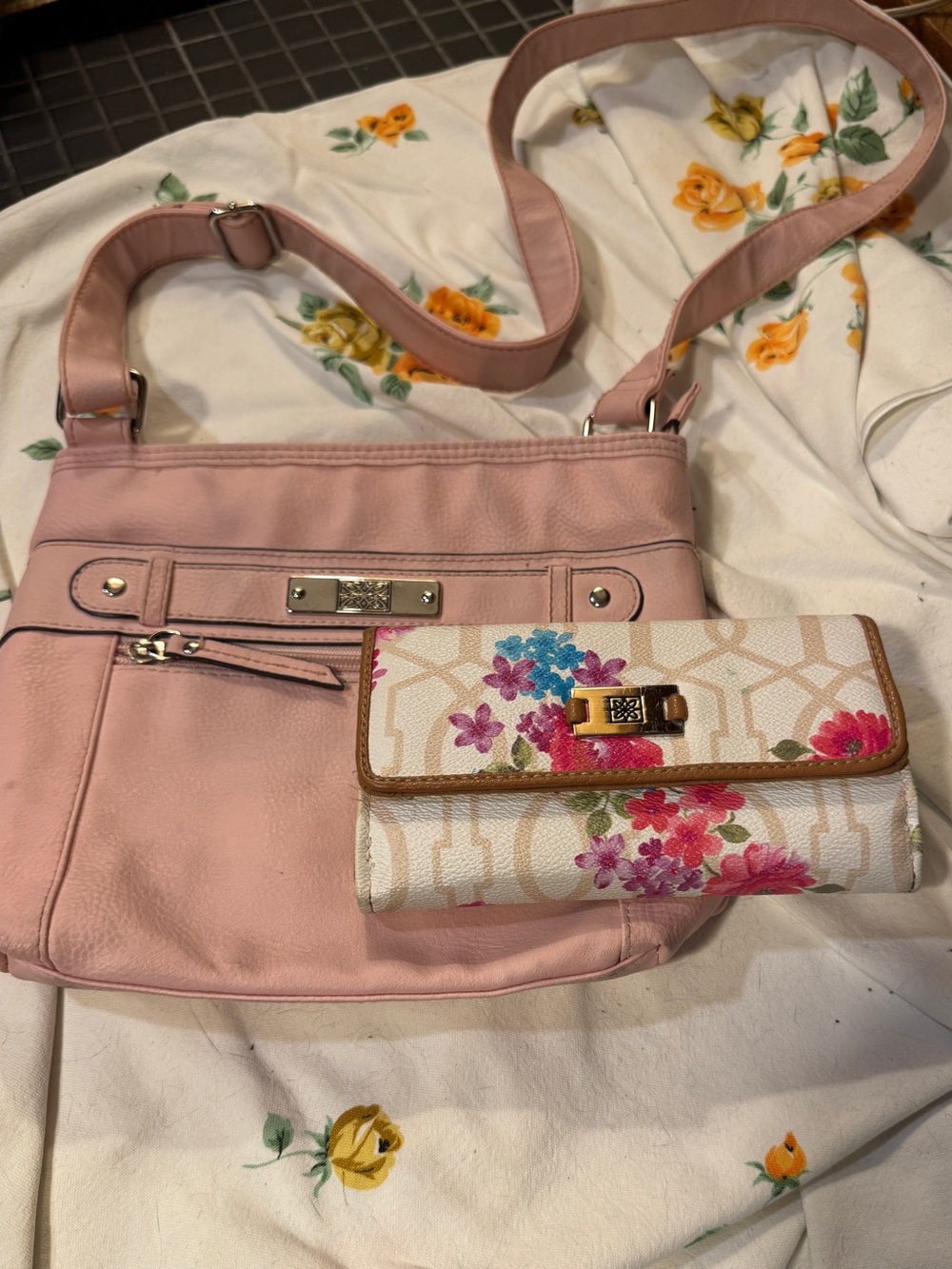 Pink Floral-Accented Women’s Crossbody Bag and Wallet Set